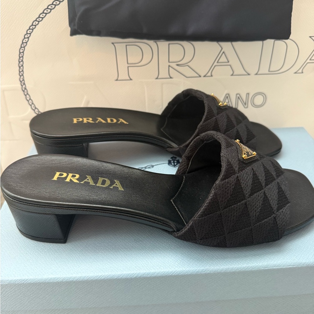 Prada Black Embroidered fabric sandals 37.5 slip on mule